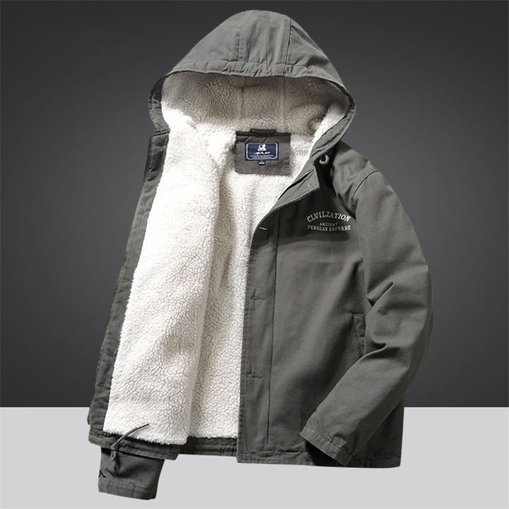 Herren Kapuzenjacke im Vintage-Worker-Stil mit Sherpa‑Futter Drune