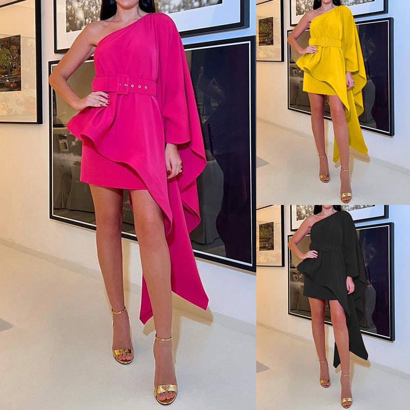 Damen asymmetrisches Cocktailkleid mit weitem Kapellenärmel und eleganter Gürtelschnalle Drune