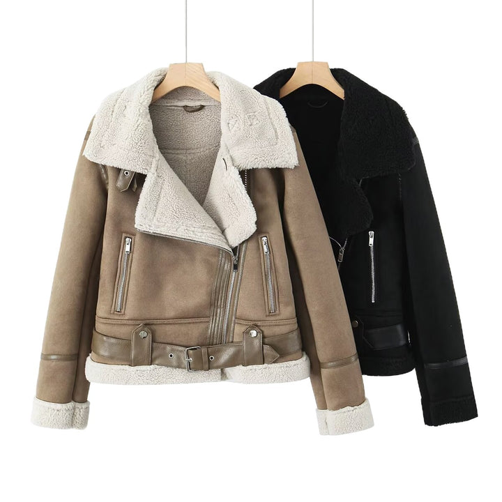 Damen Kurz geschnittene Lammfellimitat-Bikerjacke mit asymmetrischem Reißverschluss, Gürtel und Teddyfutter Drune