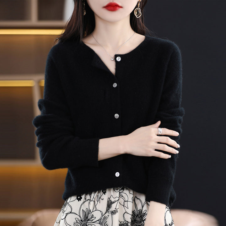 Damen Kurzgeschnittener Cardigan in Mohair‑Optik mit Rundhalsausschnitt und Perlmuttknöpfen Drune