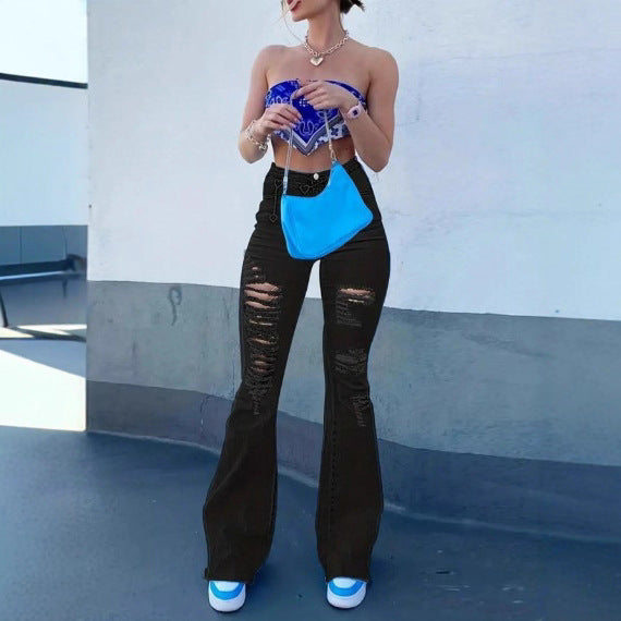 Damen Flared-Jeans mit hohem Bund, Sculpting-Schnitt und starkem Destroyed-Effekt Drune
