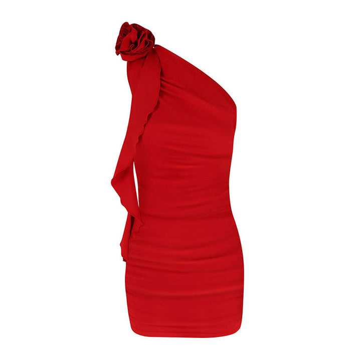Damen Figurbetontes Minikleid mit asymmetrischem Ausschnitt und Rüschendetails Drune