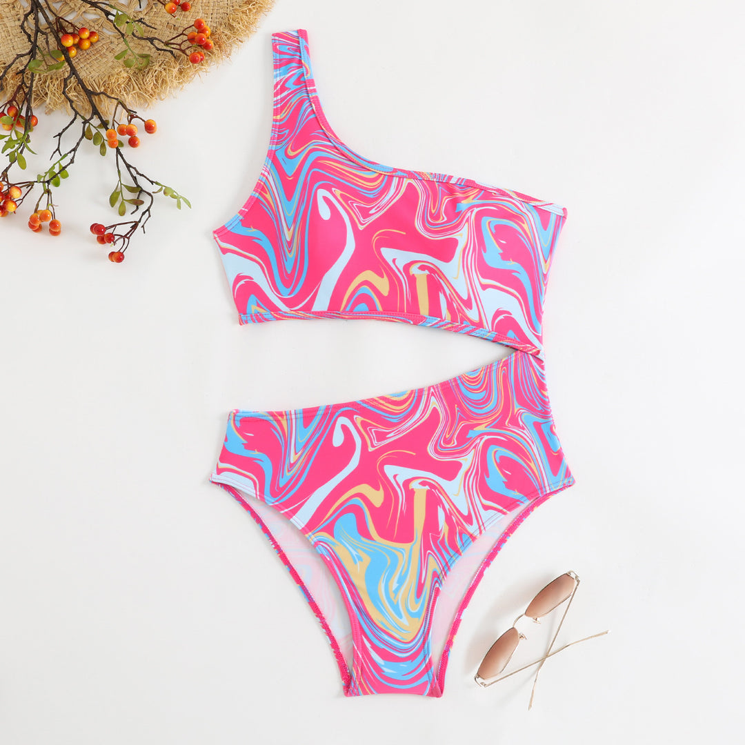 Damen Einseitiger Bikini mit buntem Swirl-Muster Drune