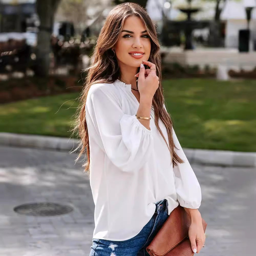 Damen elegante Bluse mit V-Ausschnitt Drune