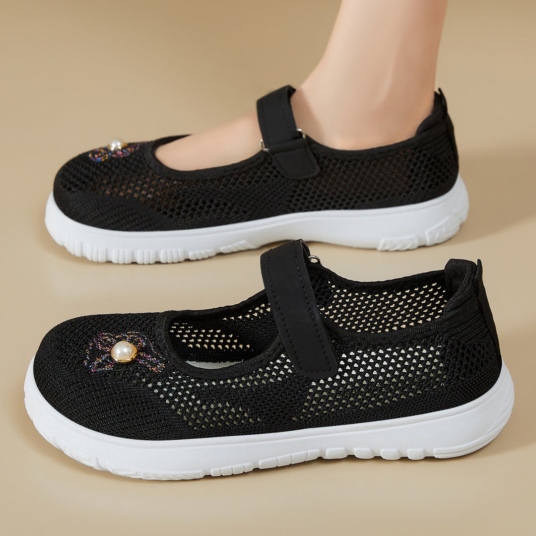 Damen nan gestrickter Mary-Jane-Sneaker mit Klettriemen, atmungsaktivem Strickoberteil, dekorativer Perlenapplikation und dämpfender EVA-Sohle Drune