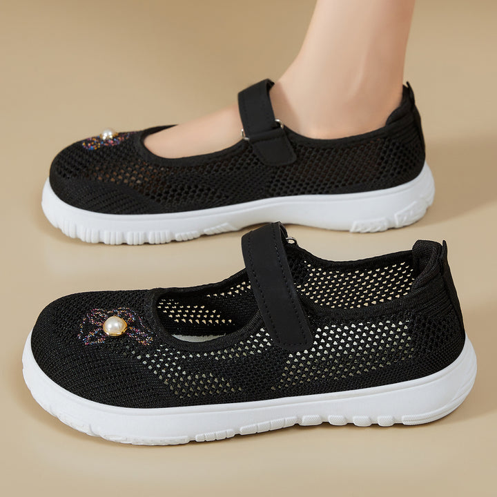 Damen nan gestrickter Mary-Jane-Sneaker mit Klettriemen, atmungsaktivem Strickoberteil, dekorativer Perlenapplikation und dämpfender EVA-Sohle Drune