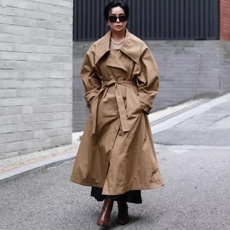 Damen Voluminöser Trenchcoat im Oversize-Look mit weitem Wasserfallkragen und Taillenbindegürtel Drune