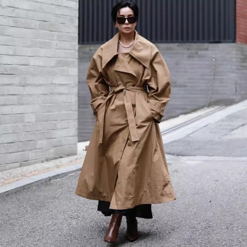 Damen Voluminöser Trenchcoat im Oversize-Look mit weitem Wasserfallkragen und Taillenbindegürtel Drune