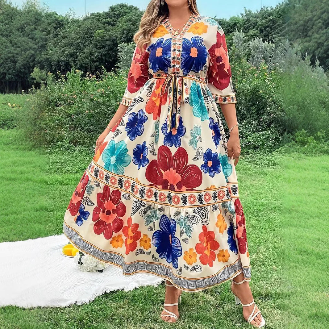 Damen Maxikleid mit buntem Blumendesign und Taillengürtel Drune