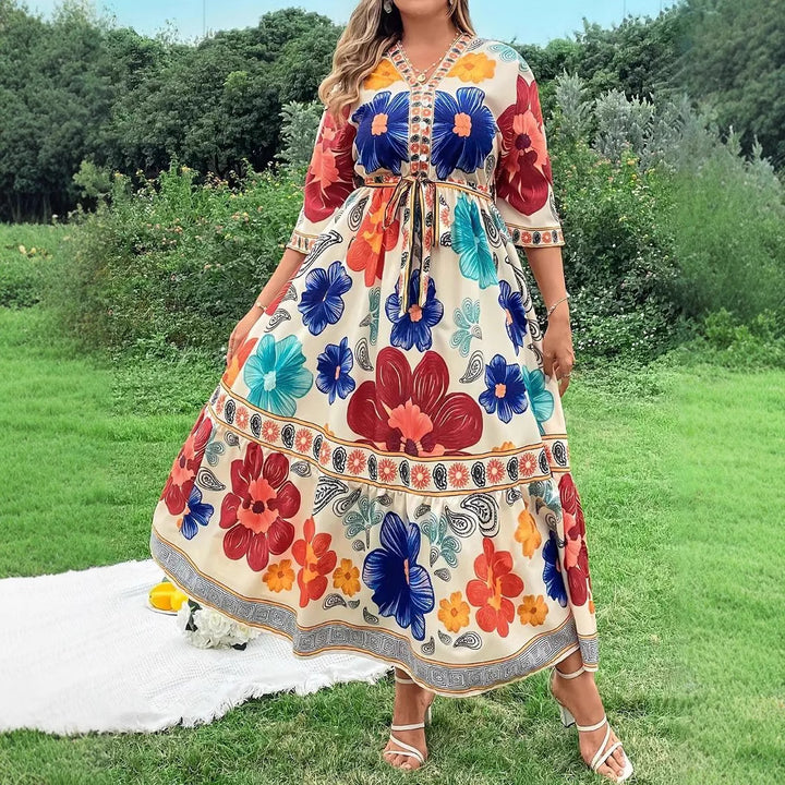 Damen Maxikleid mit buntem Blumendesign und Taillengürtel Drune