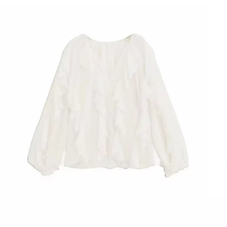 Damen nan feminine Chiffon-Volantbluse mit Ballonärmeln und V-Ausschnitt Drune