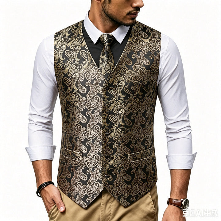 Herren Satin-Jacquard-Weste mit Paisley-Muster und passender Krawatte Drune