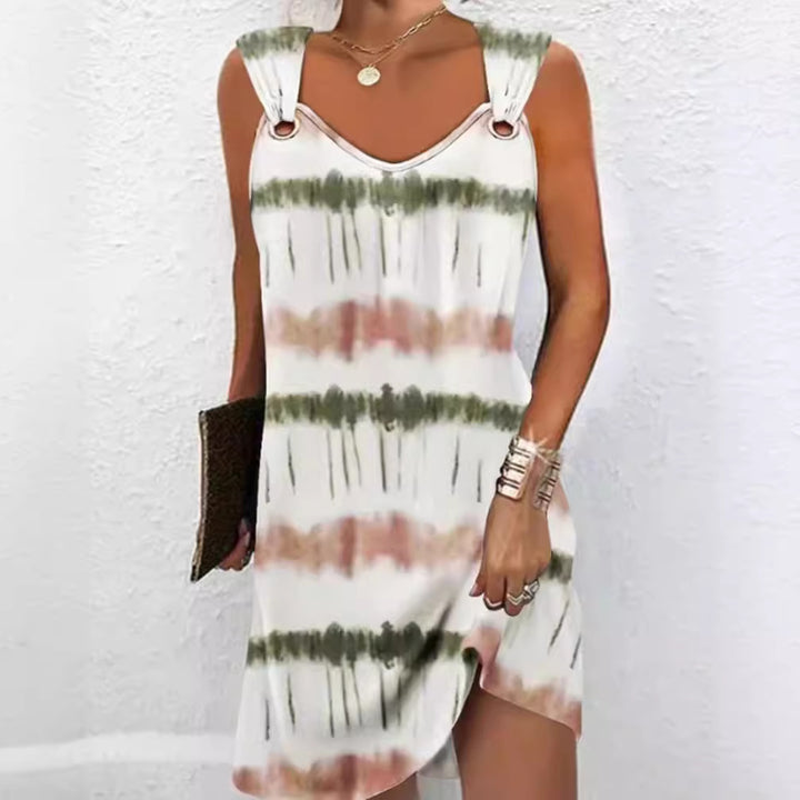Damen nan ärmelloses V-Ausschnitt-Sommerkleid mit dekorativen Metallösen an breiten Trägern und lässiger A-Linien-Silhouette Drune