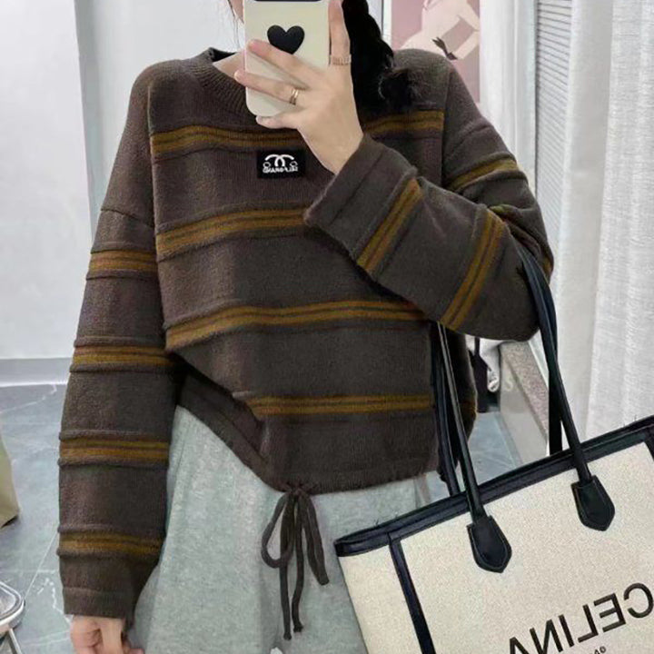 Damen gestreifter Sweater mit stylischem Kordelzug und lässigem Oversized-Schnitt