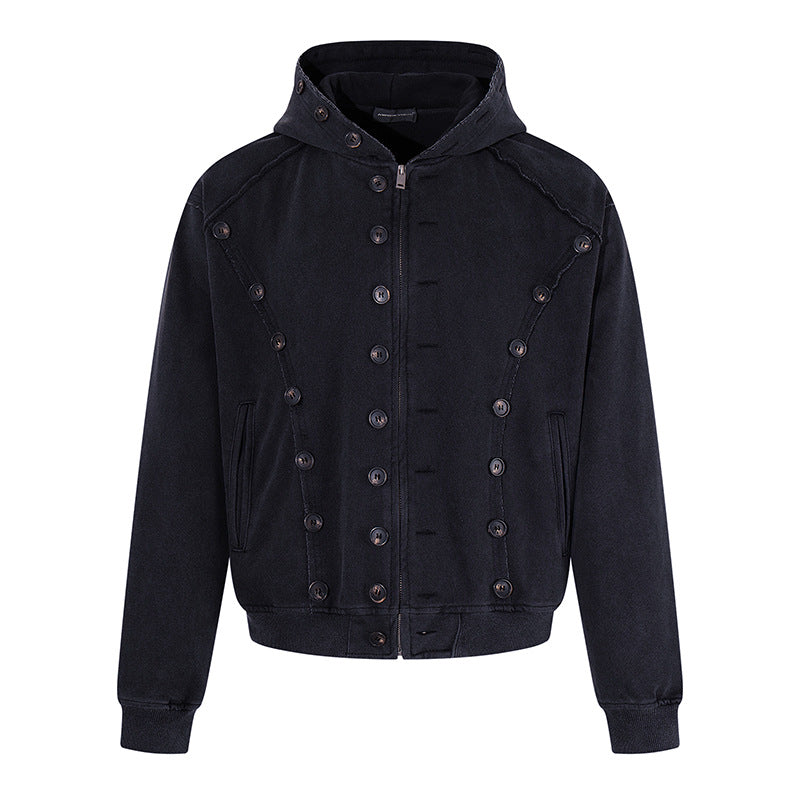 Herren Kapuzen-Zipjacke mit dekorischer Knopfreihe, vintage-inspirierter Waschung und elastischem Saum Drune