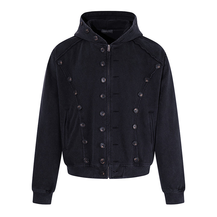 Herren Kapuzen-Zipjacke mit dekorischer Knopfreihe, vintage-inspirierter Waschung und elastischem Saum Drune