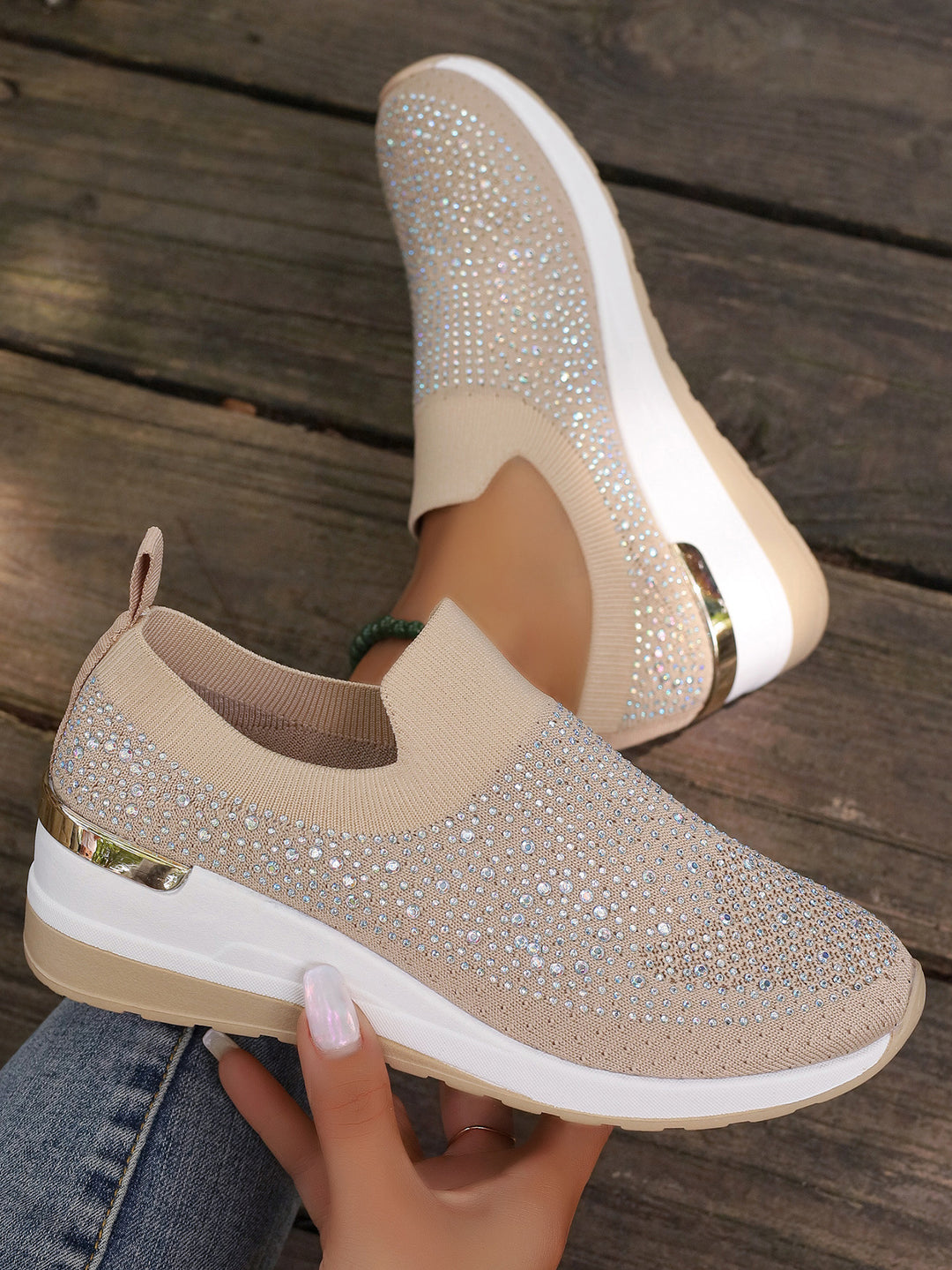 Damen  Strick Slip-On Sneaker mit funkelndem Strassbesatz, elastischem Einstieg und dämpfender Plateausohle Drune