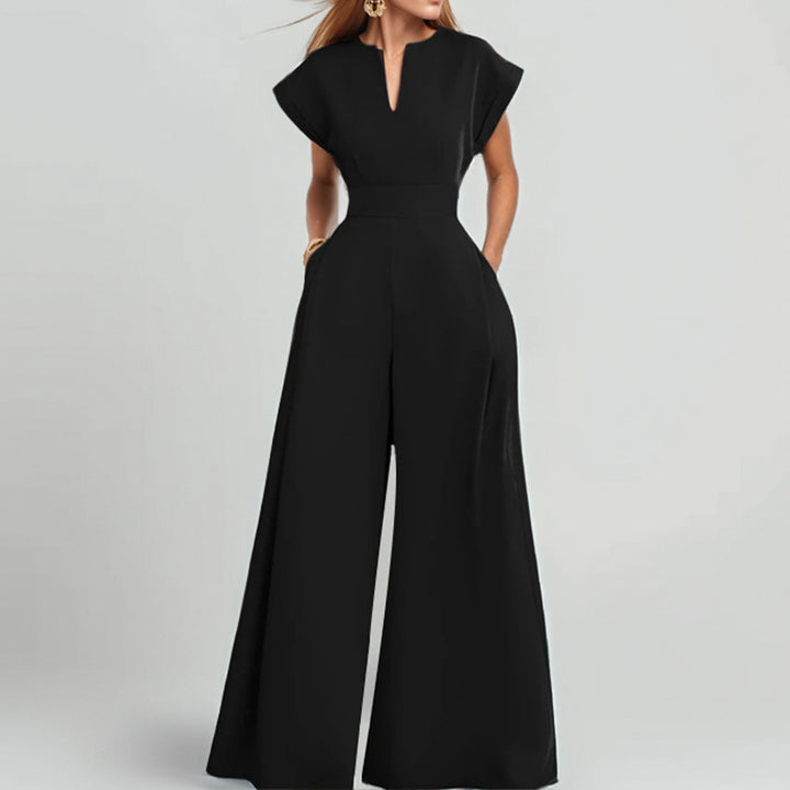 Damen Elegante weite Jumpsuit mit kurzen Ärmeln und tiefem Ausschnitt Drune