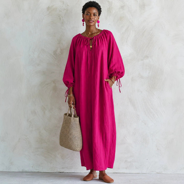 Damen Maxikleid im Kaftan-Stil mit gerafftem Rundhalsausschnitt, Ballonärmeln und Eingrifftaschen Drune