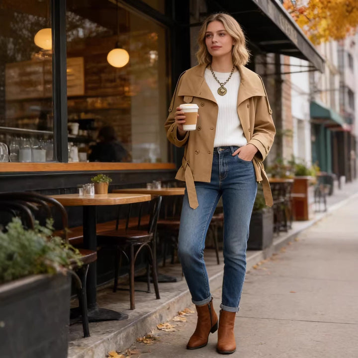 Damen Kurze Trenchjacke mit Capekragen, Schulterpatten und Schleifen-Taillengürtel Drune
