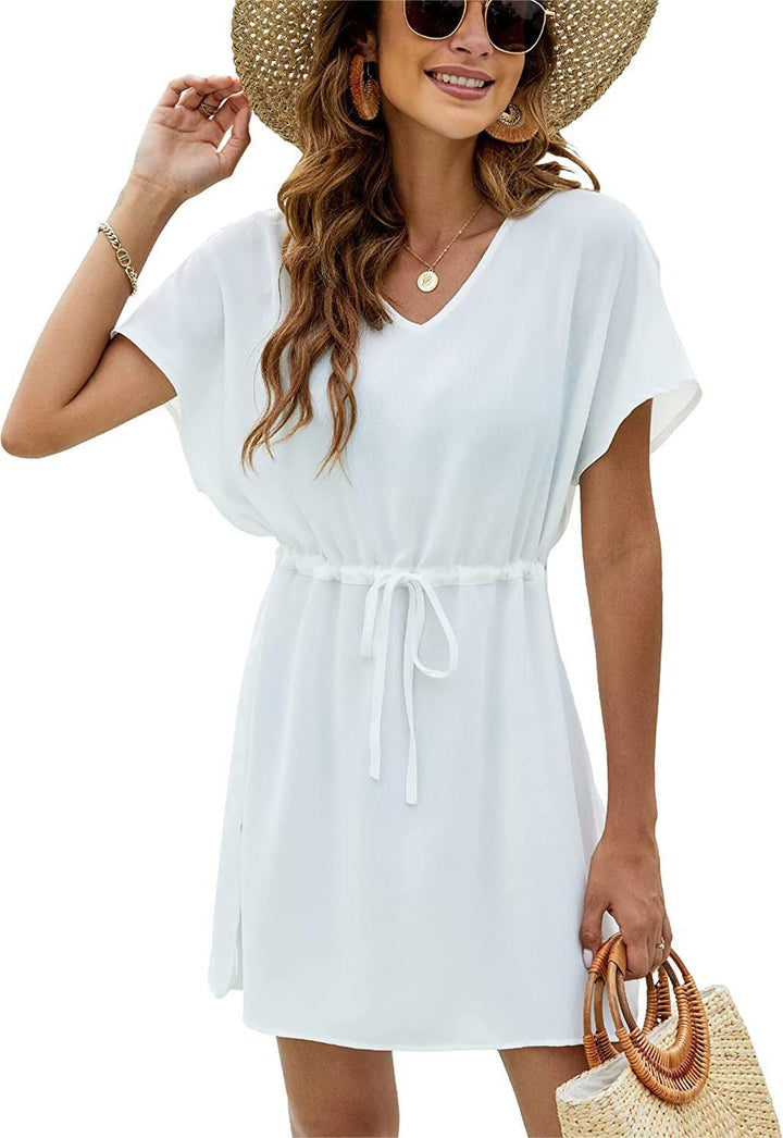 Damen Freizeit V-Ausschnitt Kordelzug Mini Kleid Drune