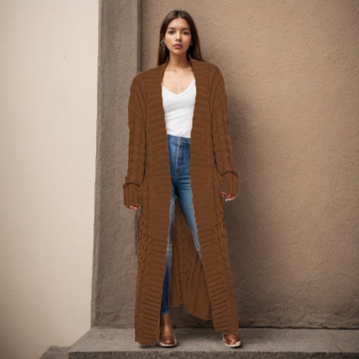 Damen Langer Strickcardigan mit strukturiertem Zopfmuster und praktischen Taschen Drune