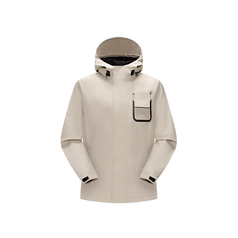Herren wasserdichte Utility‑Outdoorjacke mit verdeckter Front, Kapuze und funktionaler Brusttasche Drune