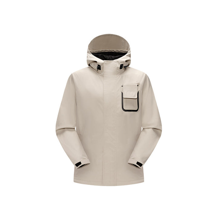 Herren wasserdichte Utility‑Outdoorjacke mit verdeckter Front, Kapuze und funktionaler Brusttasche Drune