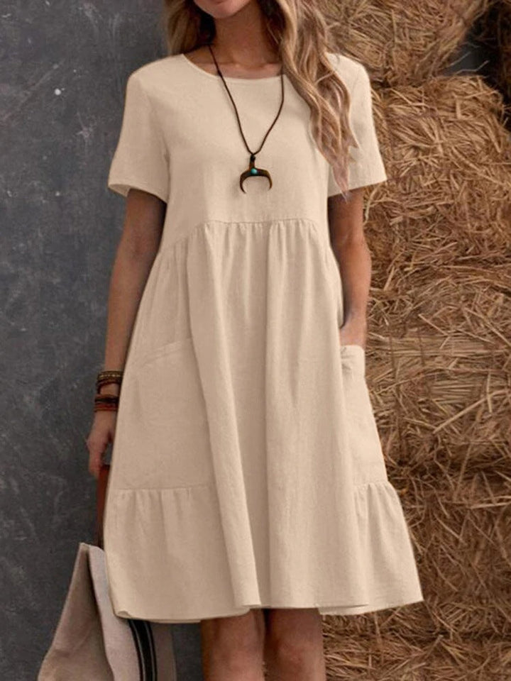 Damen Lockeres Baumwollkleid mit Taschen und Volant Drune