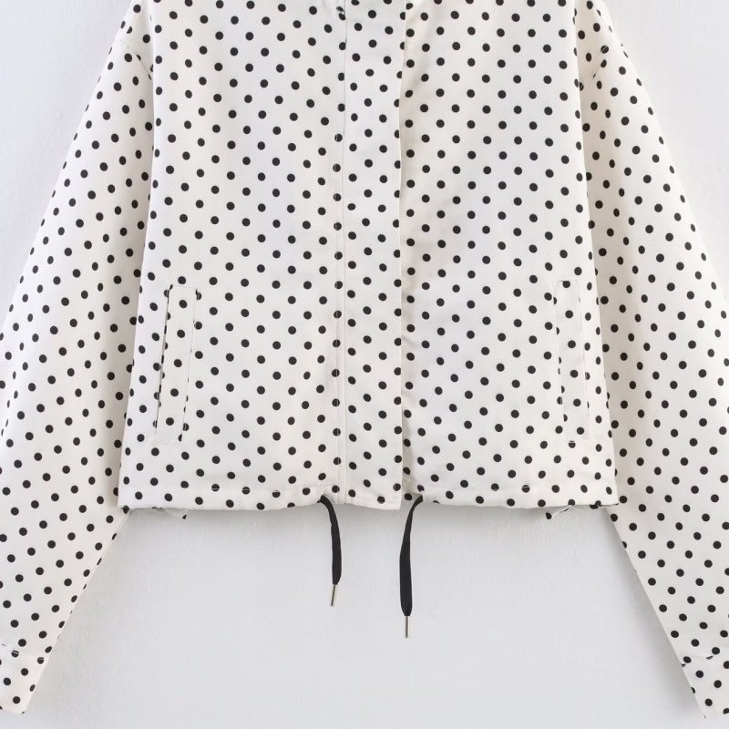 Damen Gekürzte gesteppte Jacke mit Polka‑Dot‑Print, Stehkragen und Tunnelzug Drune