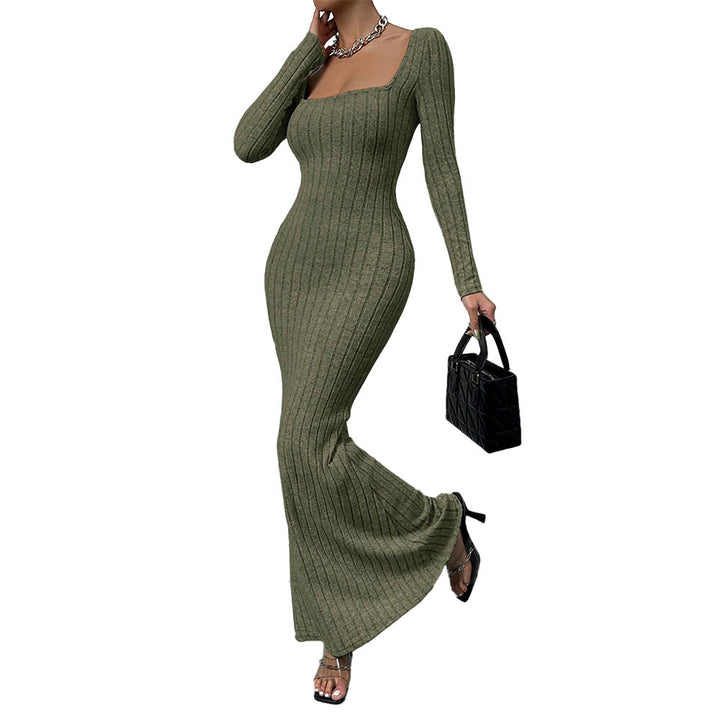 Damen geripptes Sculpting-Maxikleid mit Quadratausschnitt und taillierter Meerjungfrauen‑Silhouette Drune