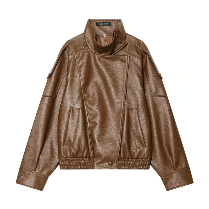 Damen Cropped Kunstleder‑Bomber mit asymmetrischer Druckknopfblende und Funnelkragen Drune