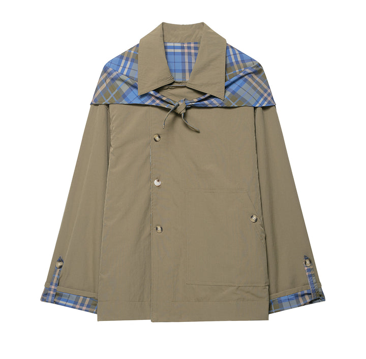 Damen 100+ kurzer Cape‑Trench mit karierter Innenverarbeitung und Knotenverschluss Drune