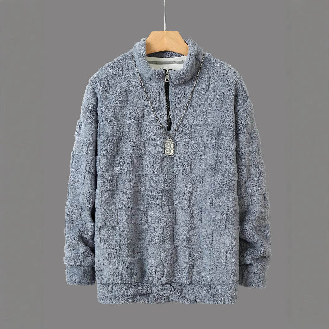 Herren karierter Sherpa-Halbzip-Pullover mit hohem Stehkragen und weicher Teddy-Fleece-Qualität Drune