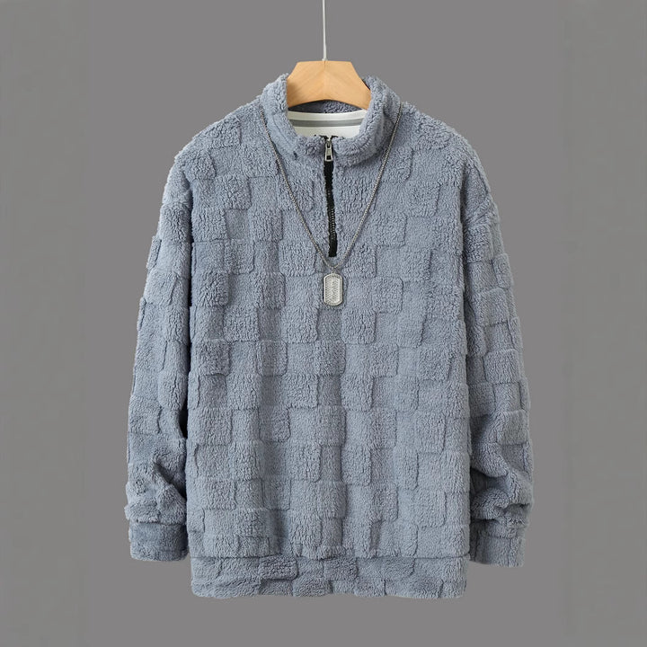 Herren karierter Sherpa-Halbzip-Pullover mit hohem Stehkragen und weicher Teddy-Fleece-Qualität Drune