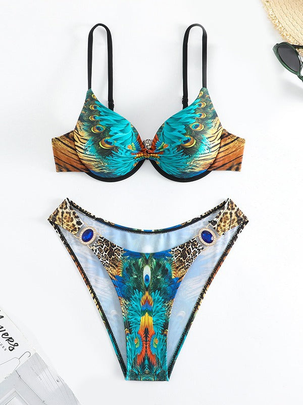 Damen Triangel-Bikini mit extravagantem Federdesign und funkelnden Akzenten Drune
