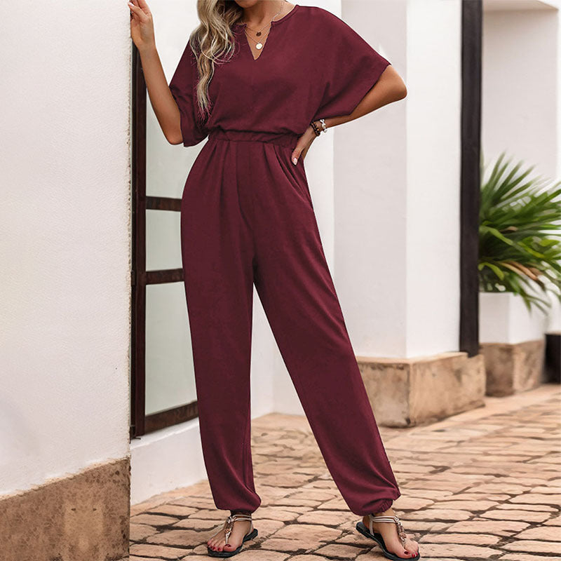 Damen Lässiger Jumpsuit mit Taillen-Smock, kurzem Fledermausärmel und elastischem Knöchelabschluss Drune