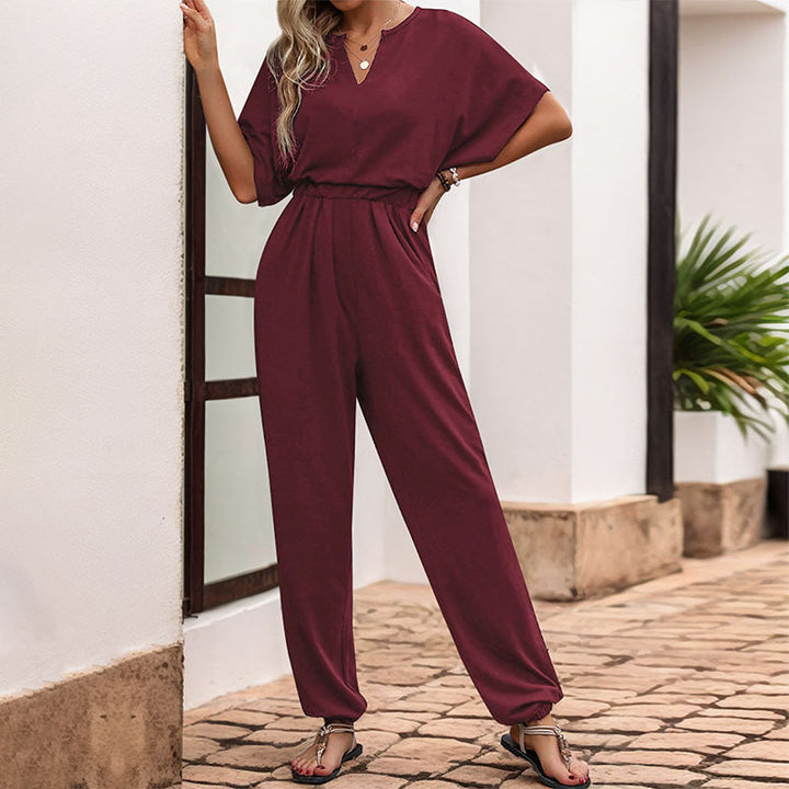Damen Lässiger Jumpsuit mit Taillen-Smock, kurzem Fledermausärmel und elastischem Knöchelabschluss Drune