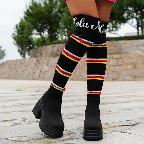 Damen Hochformat Stiefel mit buntem Streifenmuster und modischem Blockabsatz Drune