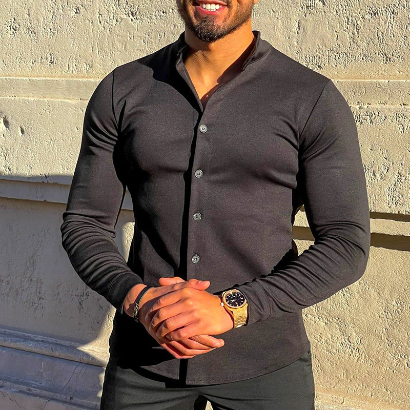 Herren Slim-Fit Langarmhemd mit Stehkragen und elastischem Jersey Drune