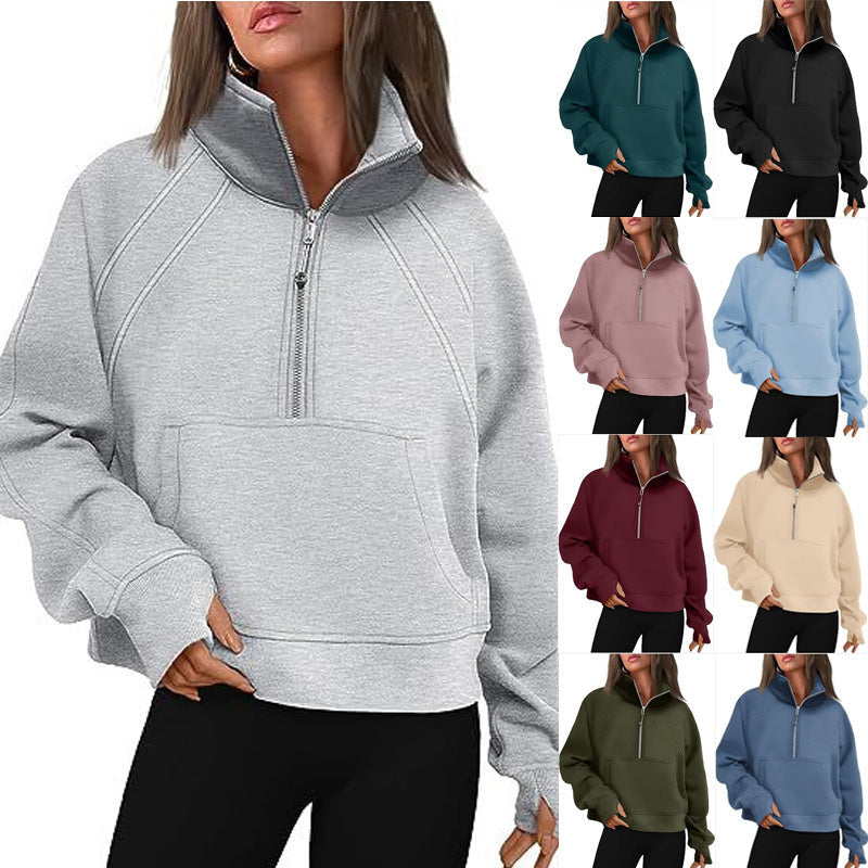 Damen sportlicher Hoodie mit kurzem Reißverschluss und praktischer Kängurutasche Drune