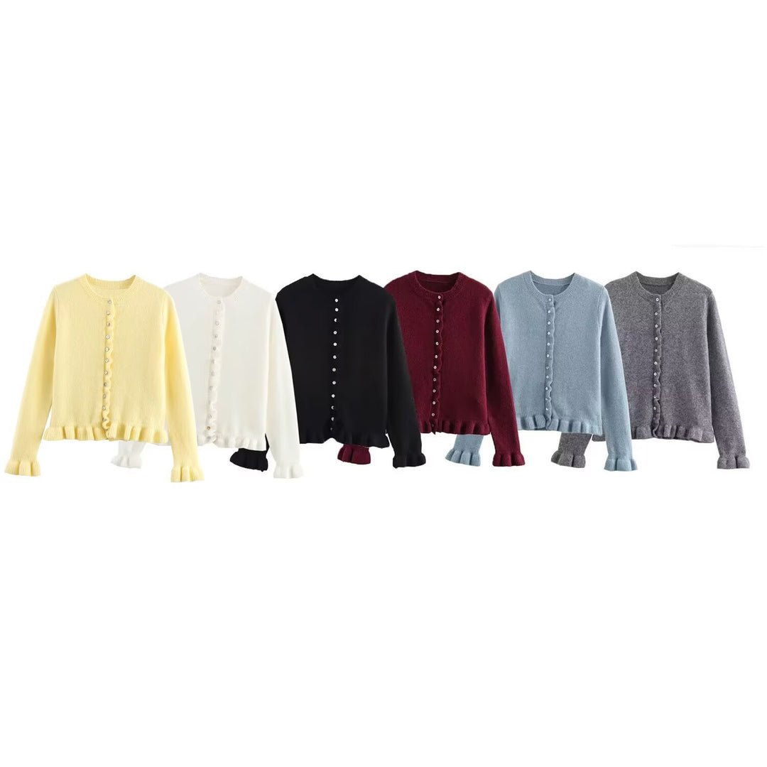 Damen Strickjacke mit dekorativem Rüschensaum und Knopfverschluss Drune