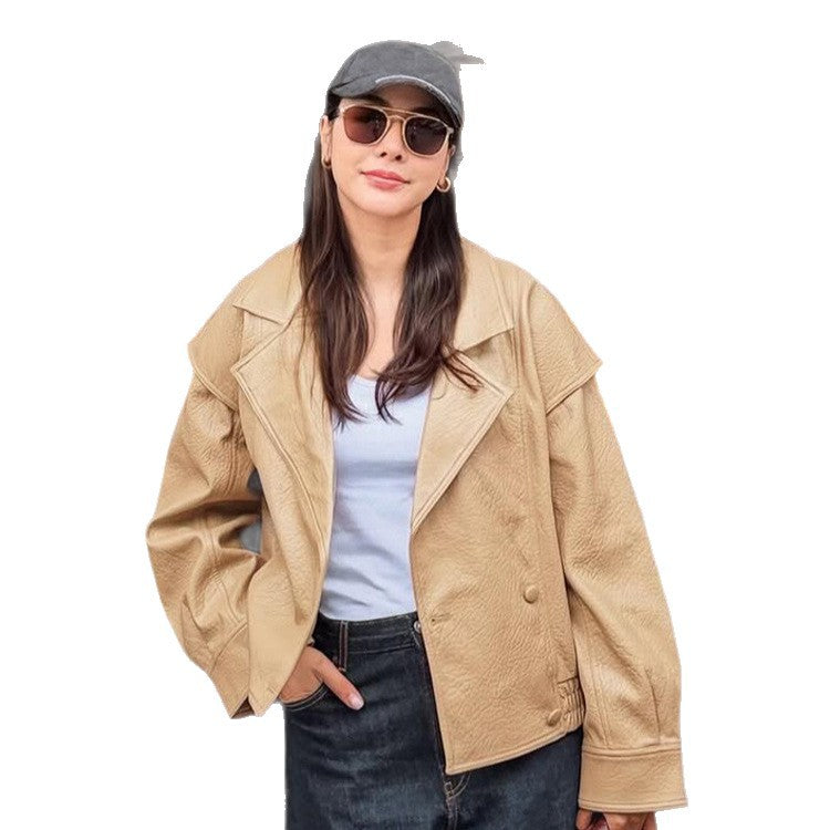 Damen Oversize-Lederimitat-Bomberjacke mit Boxy-Schnitt und weitem Revers Drune