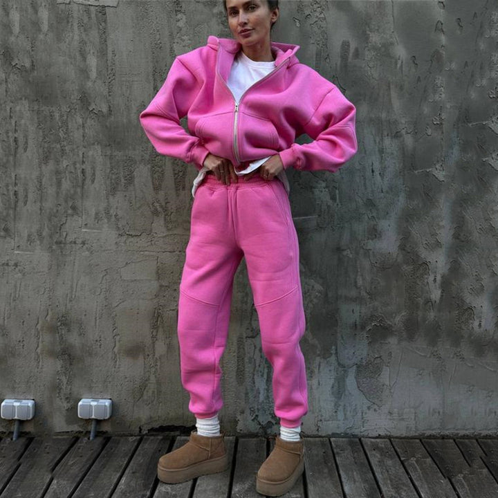 Damen Statement-Sweatset aus schwerem French-Terry mit oversized Zip-Hoodie, vorgeformten Kniepartien und elastischer High-Waist-Jogginghose Drune