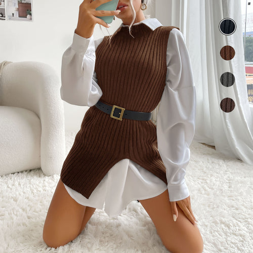 Damen Gerippte Longweste mit Seitenschlitzen, taillierendem Gürtel und Longline-Schnitt Drune