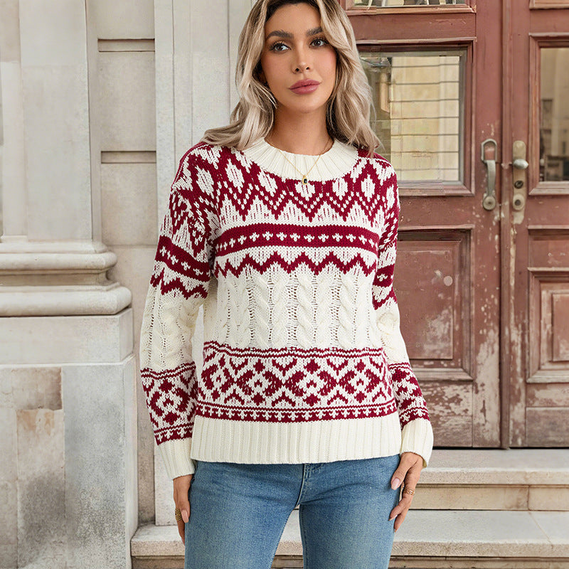 Damen Norweger-Strickpullover mit Zopfmuster und Fair-Isle-Jacquard Drune