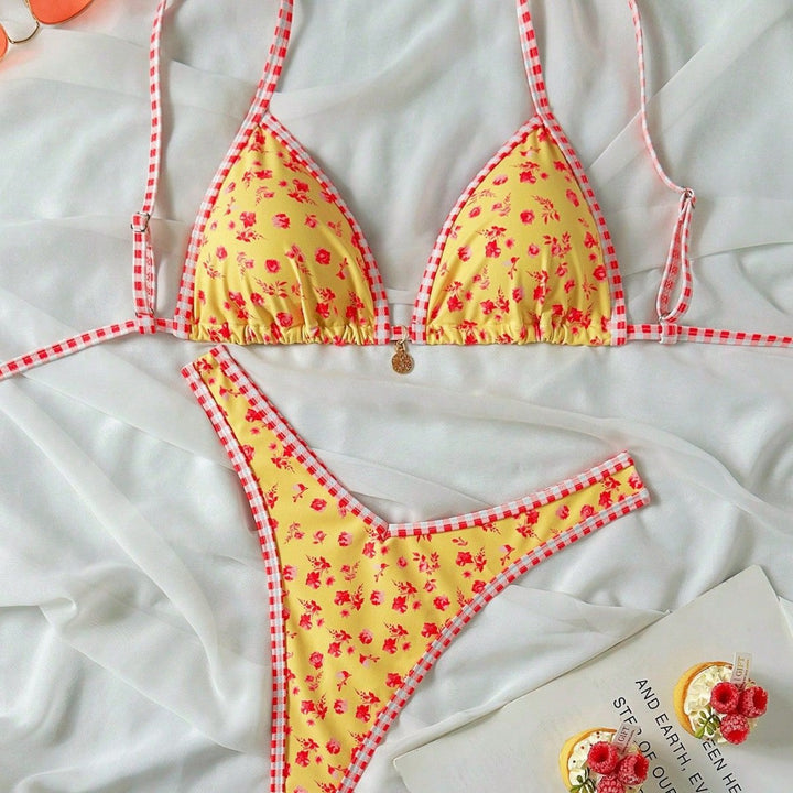 Damen Triangel-Bikini mit Rüschendetails und Karomuster Drune