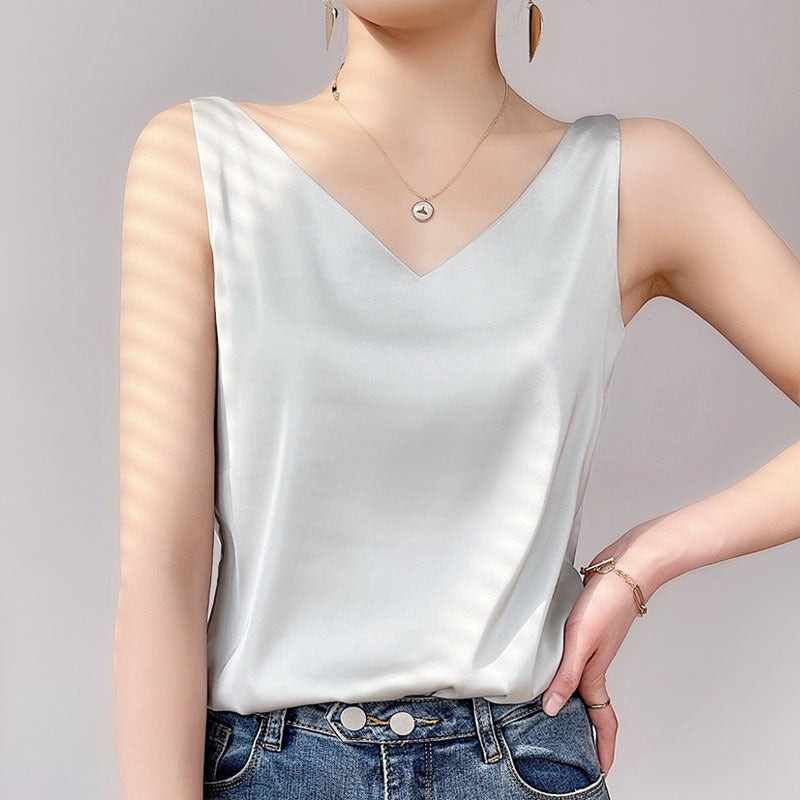 Damen V-Ausschnitt Satinbluse Drune