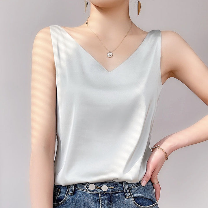 Damen V-Ausschnitt Satinbluse Drune
