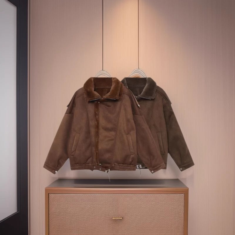 Damen Oversized Aviator-Jacke mit Teddyfutter, Stehkragen und Taillenriegel Drune